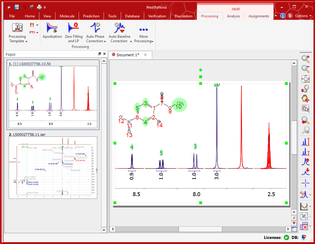 mestrenova showing peak ppm on stacked spectra